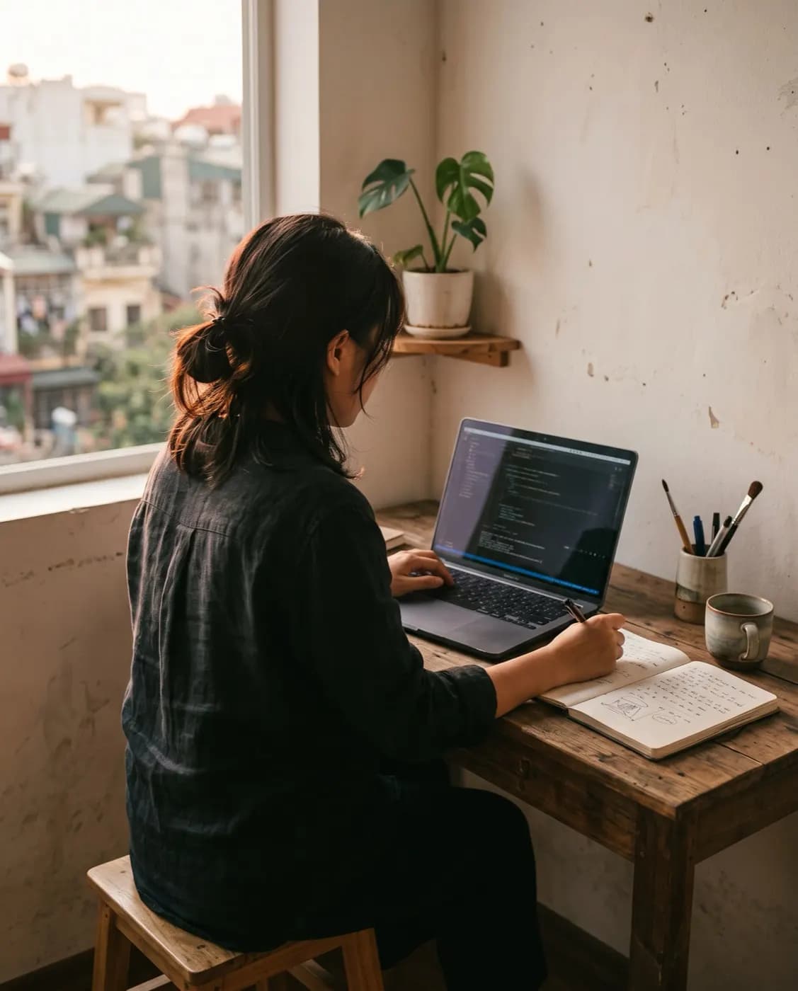 Người dùng soạn nội dung với prompt AI bên bàn làm việc
